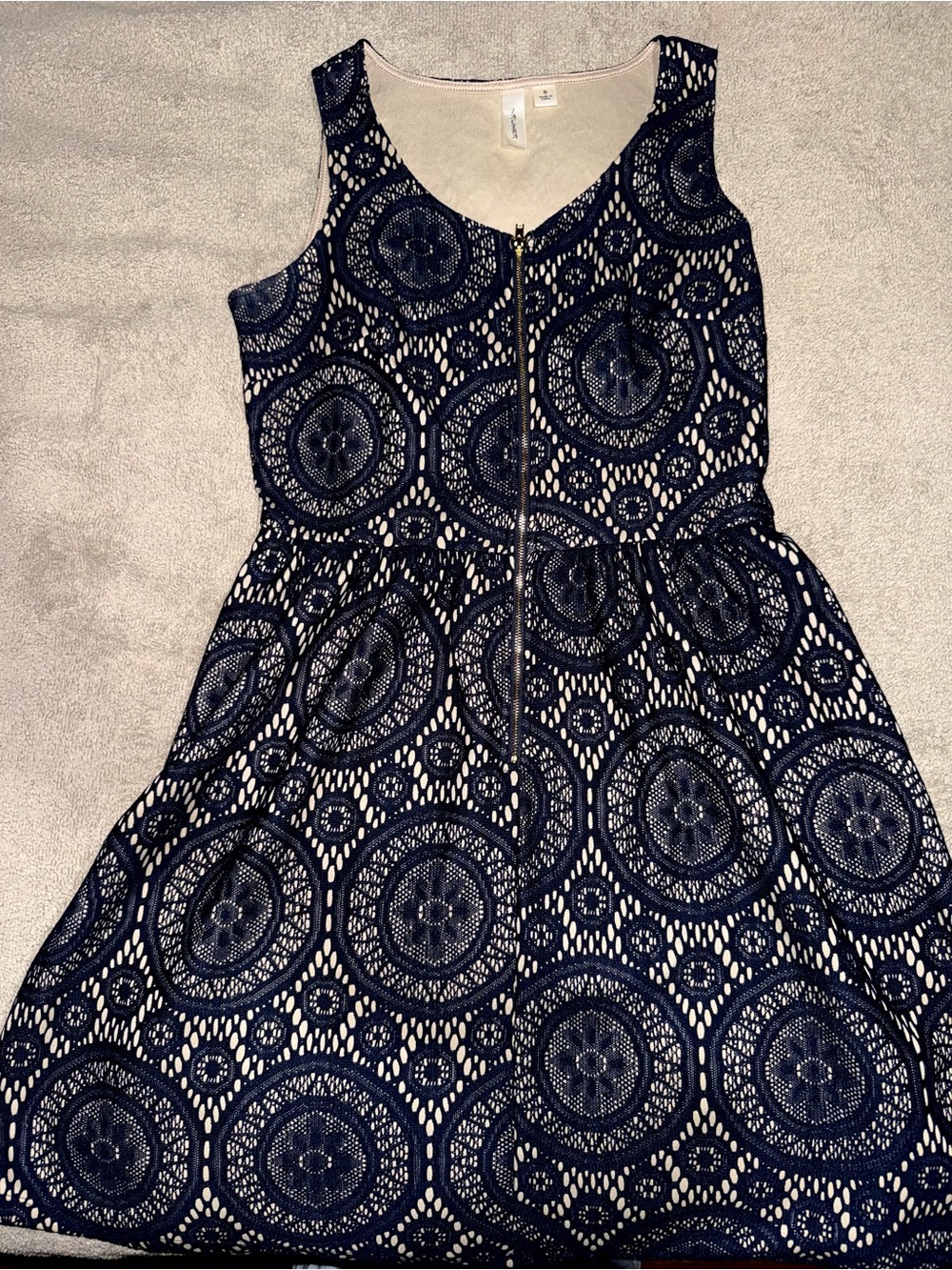 Sleeveless Navy Lace Overlay Dress with Front Zip size small